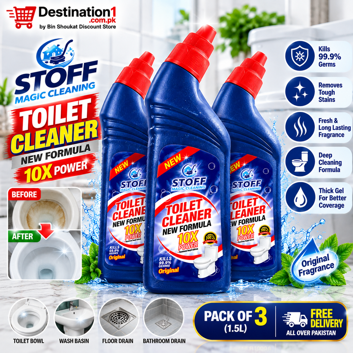 STOFF Magic Cleaning Toilet Cleaner 500ml – 10X Power Deep Cleaning | Pack of 3