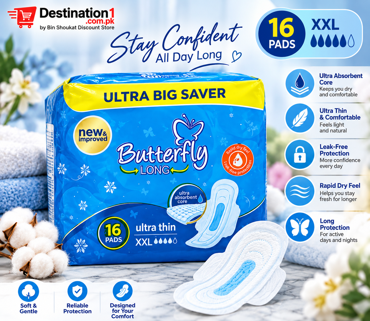 Butterfly Long Ultra Big Saver XXL Sanitary Pads – 16 Pads | Ultra Thin & Absorbent
