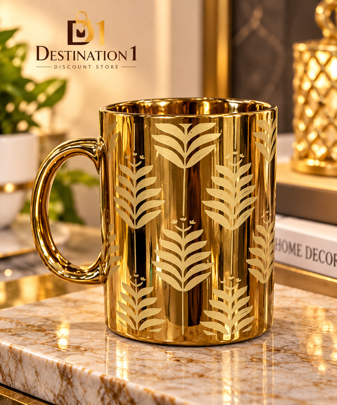 Gold Ceramic Mug with Leaf Design | Premium Tea & Coffee Cup