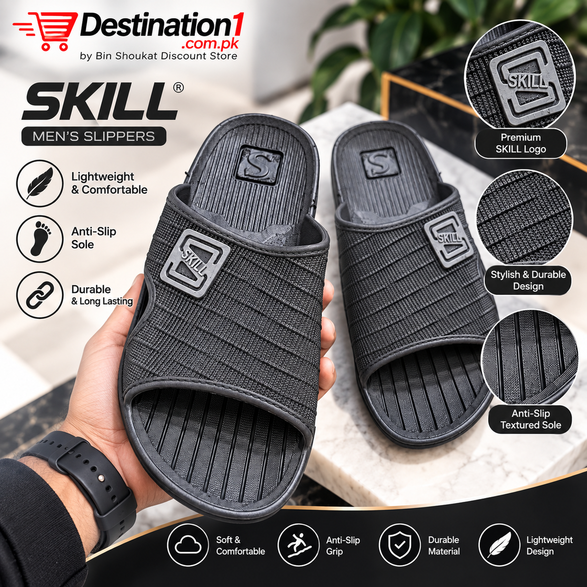 SKILL Men’s Premium Slippers | Comfortable Anti-Slip Casual Slides for Men