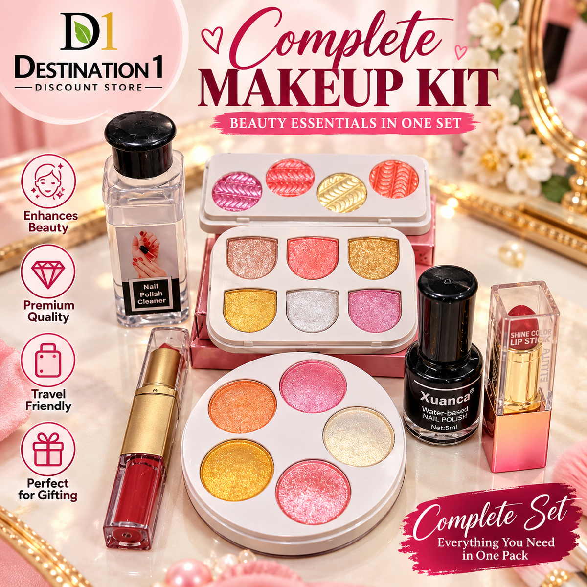 7 in 1 Makeup Kit for Women | Eyeshadow Palettes, Lipstick, Nail Polish & Nail Polish Cleaner