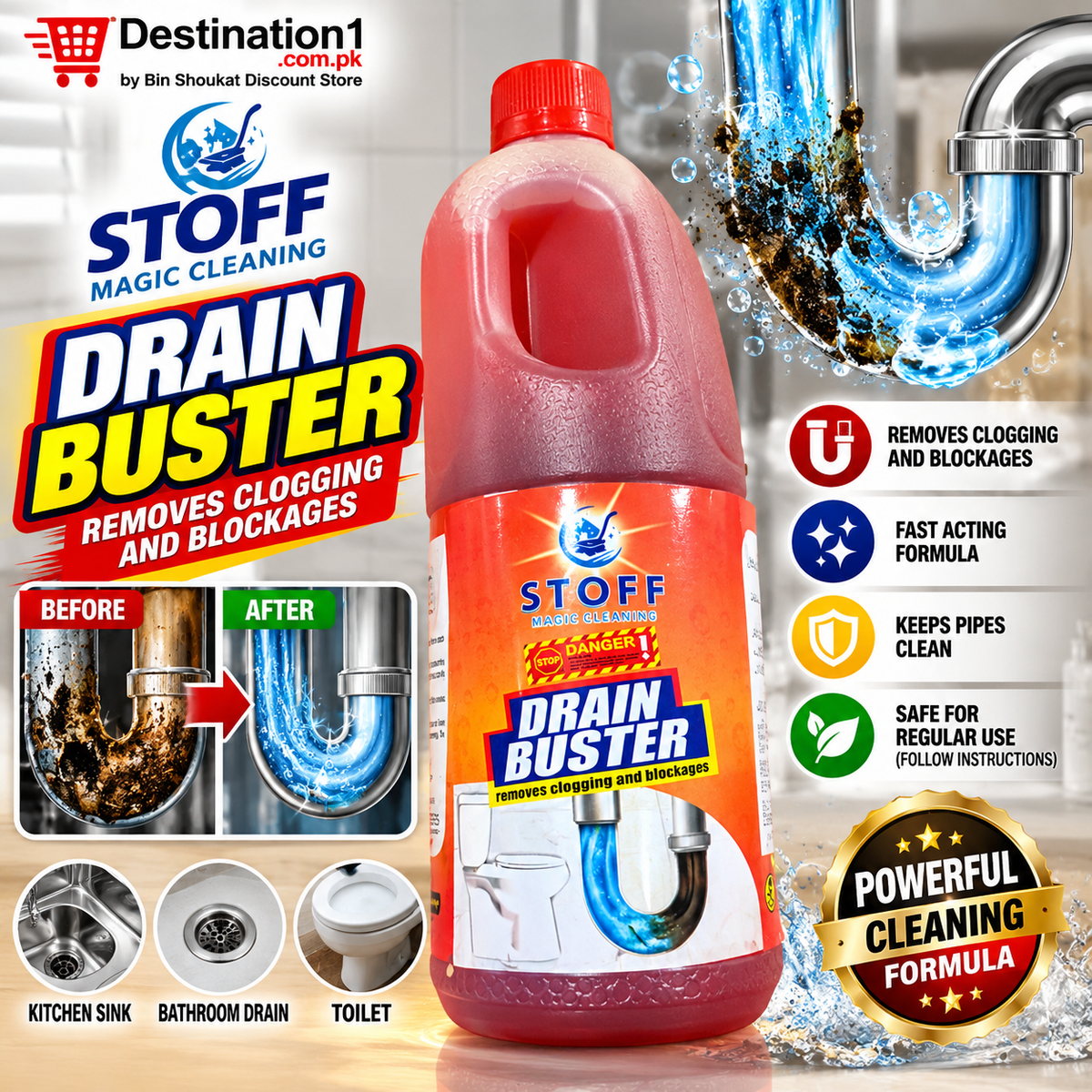 STOFF Drain Buster Drain Cleaner – Powerful Clog & Blockage Remover for Kitchen Sink, Bathroom & Toilet