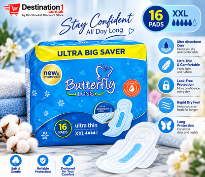 Butterfly Long Ultra Big Saver XXL Sanitary Pads – 16 Pads | Ultra Thin & Absorbent