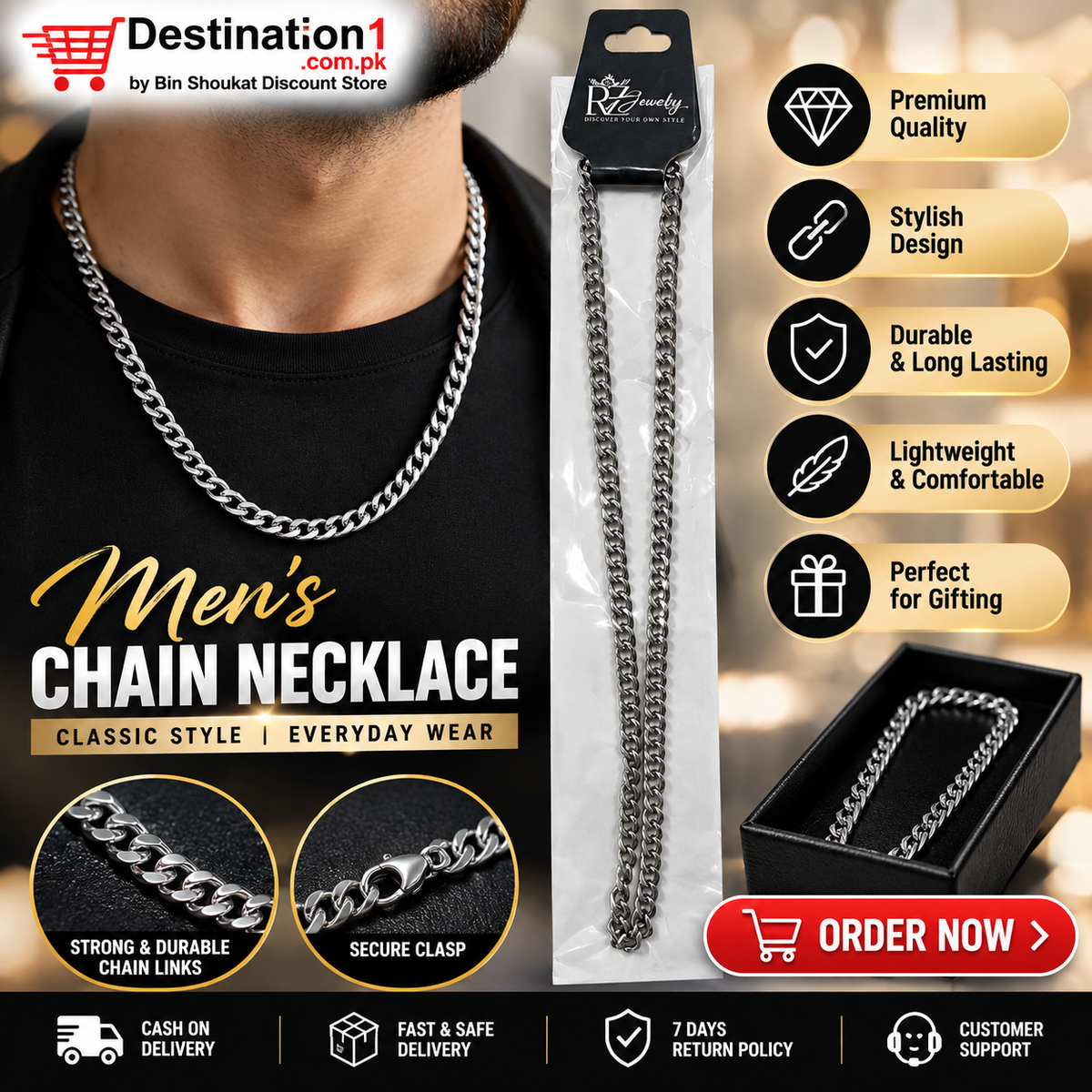 Men’s Stainless Steel Chain Necklace – Classic Stylish Curb Chain for Men | Destination1