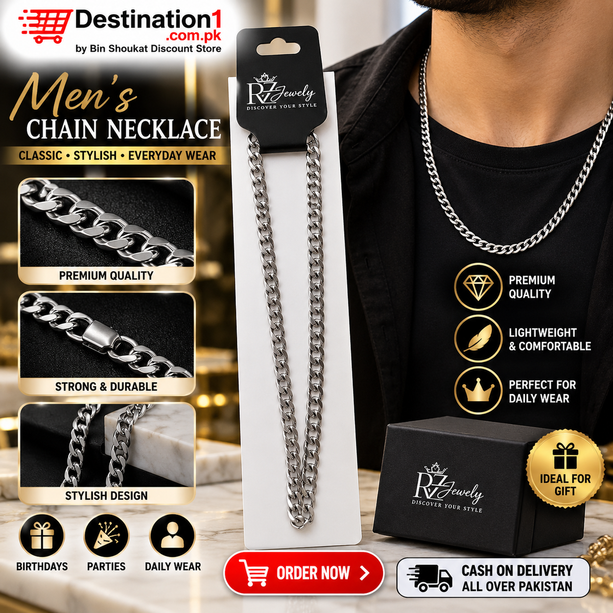 Men’s Stainless Steel Chain Necklace – Classic Stylish Curb Chain for Men | Destination1
