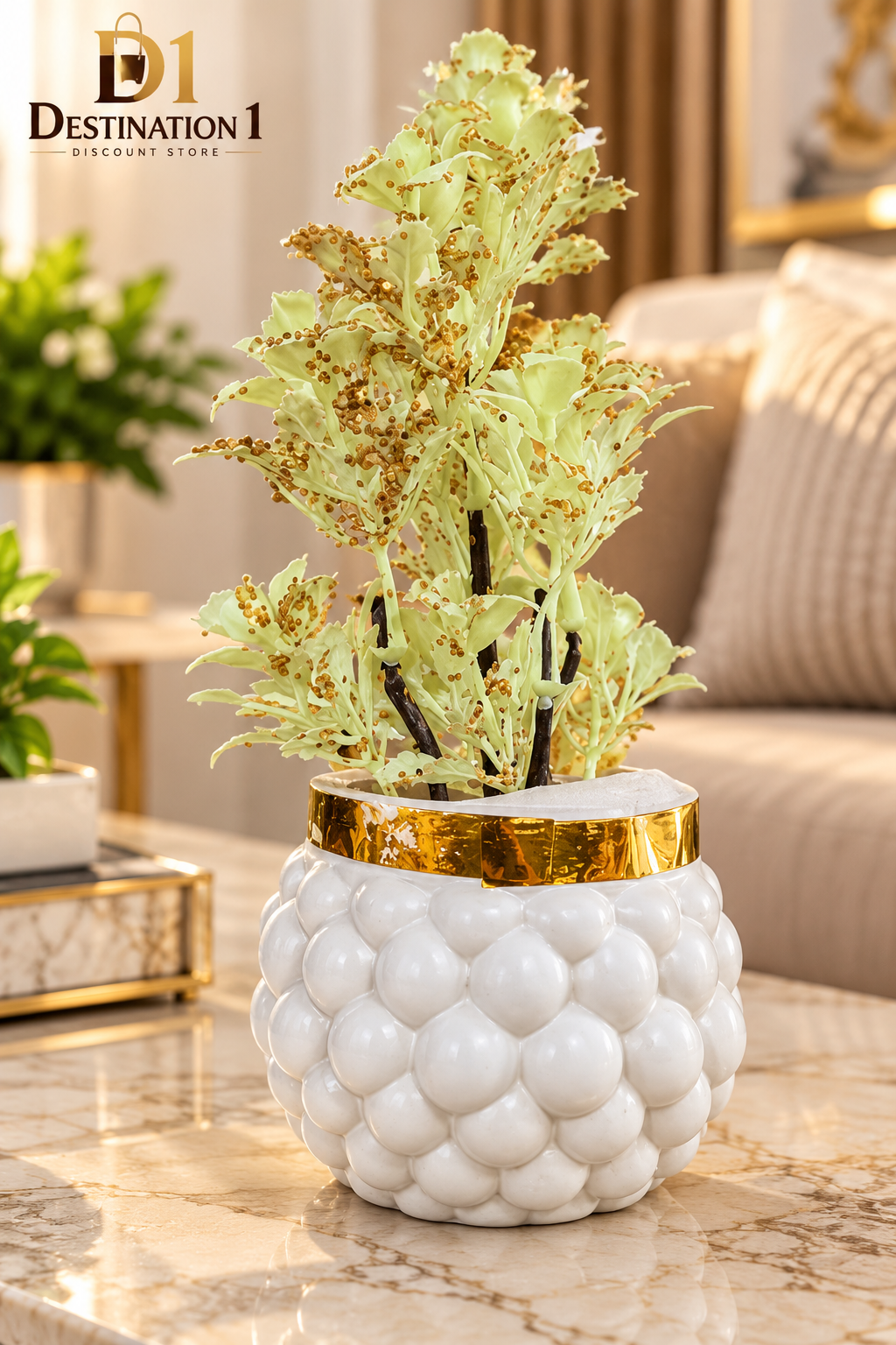 Artificial Decorative Plant | Gold Sequin Leaves & Textured Pot