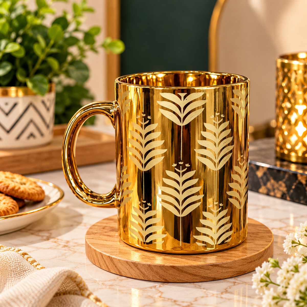 Gold Ceramic Mug with Leaf Design | Premium Tea & Coffee Cup
