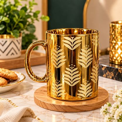 Gold Ceramic Mug with Leaf Design | Premium Tea & Coffee Cup