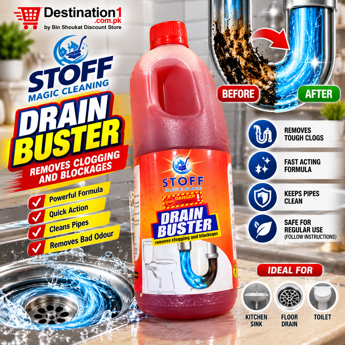STOFF Drain Buster Drain Cleaner – Powerful Clog & Blockage Remover for Kitchen Sink, Bathroom & Toilet
