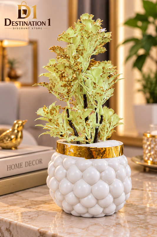 Artificial Decorative Plant | Gold Sequin Leaves & Textured Pot