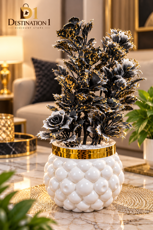 Artificial Decorative Plant | Gold Sequin Leaves & Textured Pot