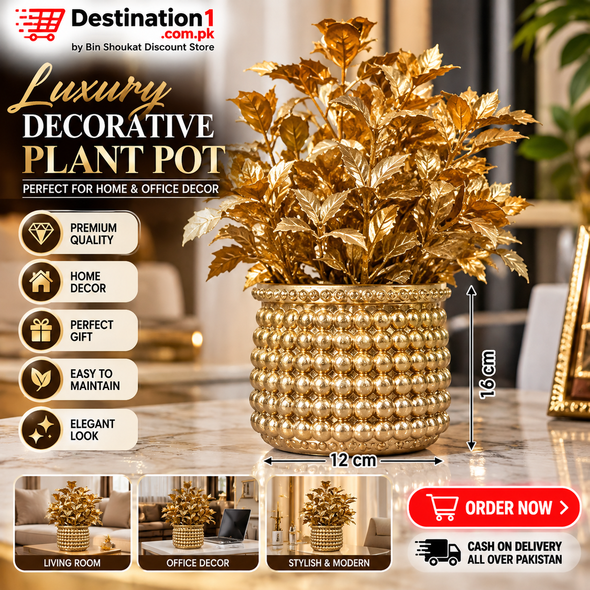 Luxury Golden Decorative Plant Pot with Artificial Flowers – Elegant Home & Office Decor