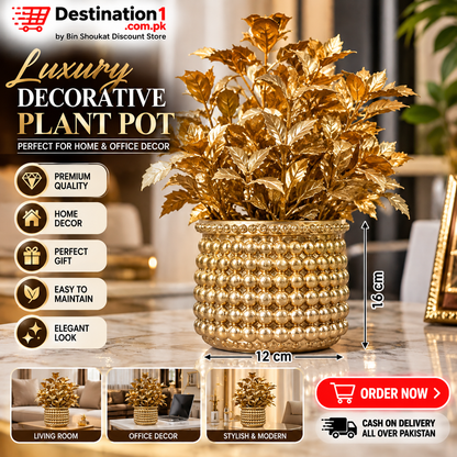 Luxury Golden Decorative Plant Pot with Artificial Flowers – Elegant Home & Office Decor