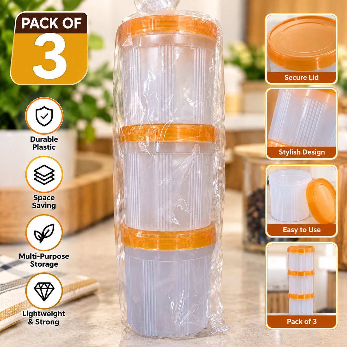 Premium Plastic Storage Containers with Airtight Lids – Pack of 3 | Kitchen & Home Storage