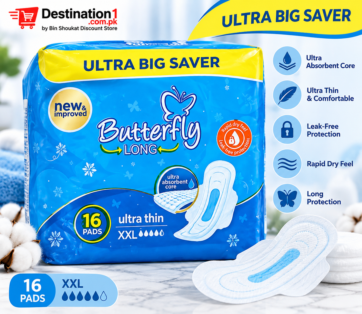 Butterfly Long Ultra Big Saver XXL Sanitary Pads – 16 Pads | Ultra Thin & Absorbent
