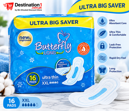 Butterfly Long Ultra Big Saver XXL Sanitary Pads – 16 Pads | Ultra Thin & Absorbent